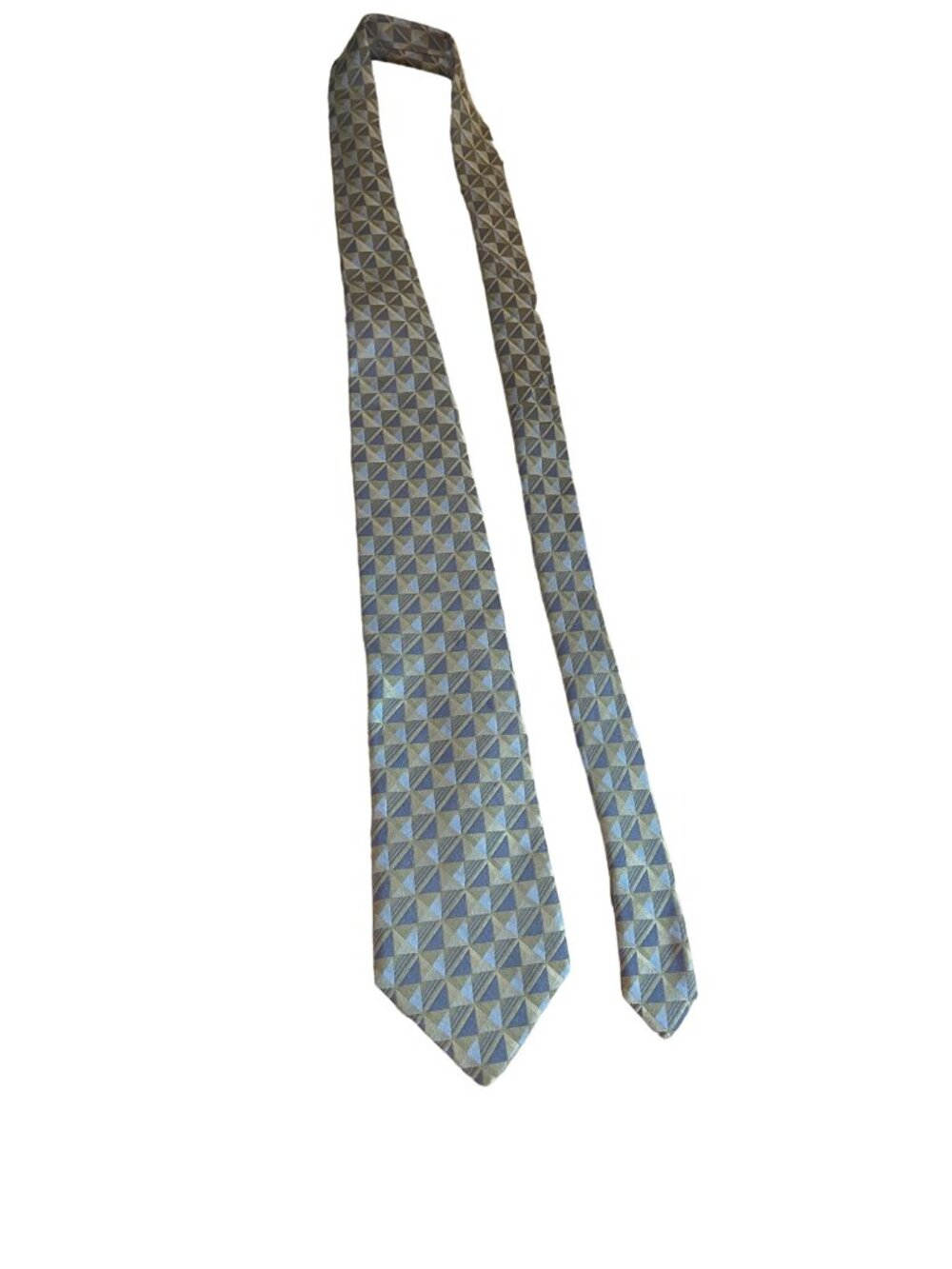 Van Heusen Mens Silk Necktie Blue Green Geometric Triangle Pattern Retro Preppy